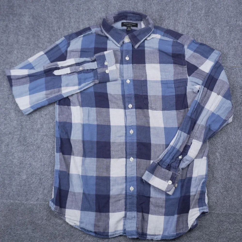 Banana Republic Button Front Shirt Mens Medium Blue Buffalo Plaid Standard Fit